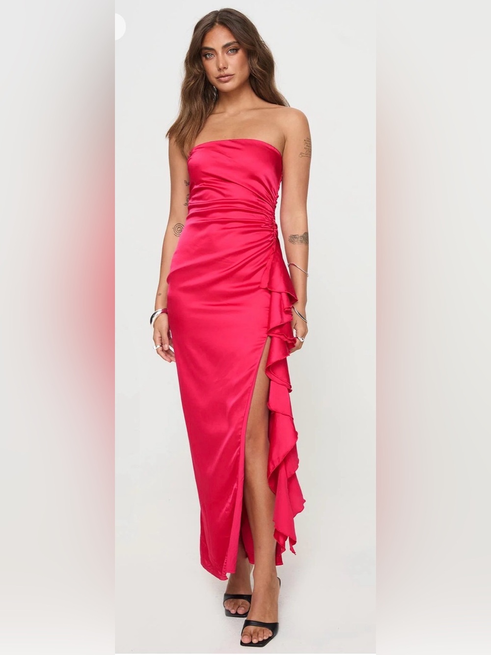 Princess Polly Red Satin Ruffle Midi Dress